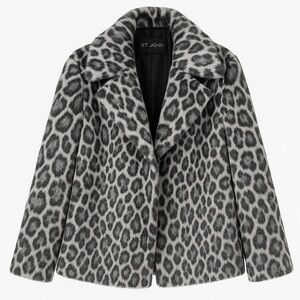St. John Faux Fur Coat Jacket - Leopard Print - Gray and Black Size Small